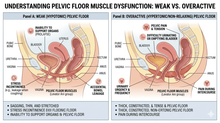Diagram illustrating the difference between a weak and an overactive pelvic floor muscle