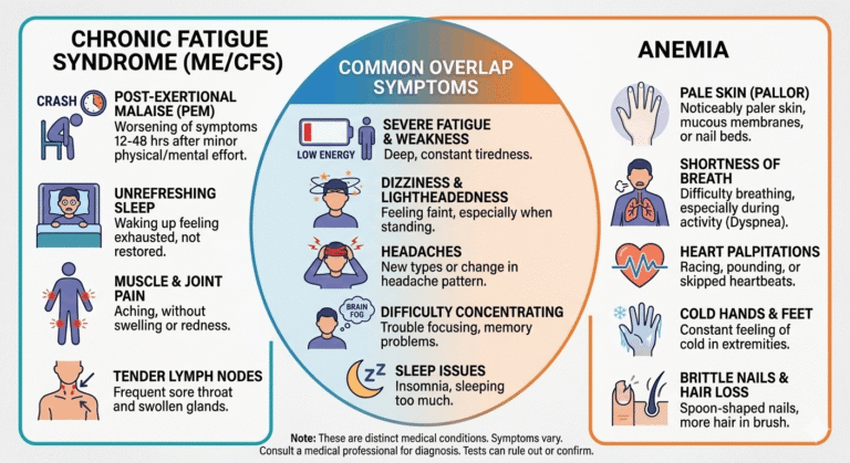 Infographic showing the common medical symptoms associated with chronic fatigue and anemia